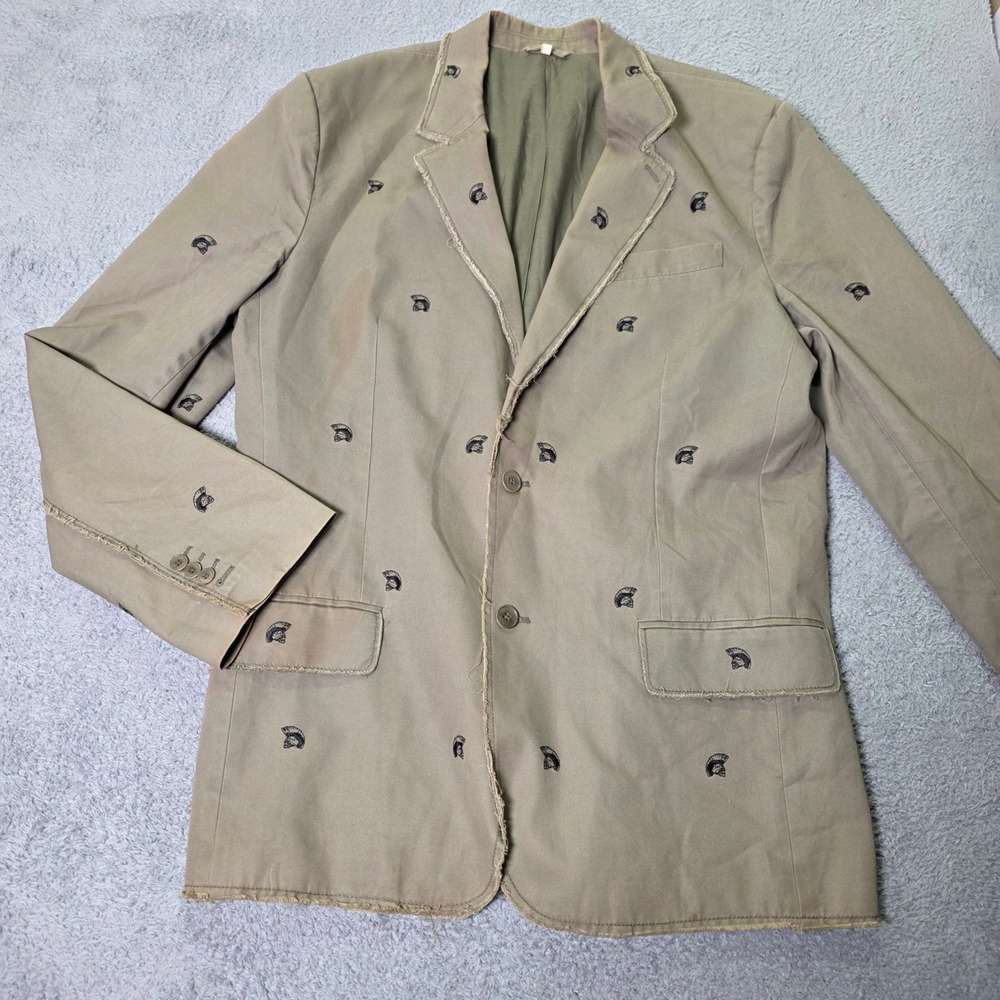 Juicy Couture Mens 44 Blazer Olive Green Embroidered Spartan Helmet Raw Edge